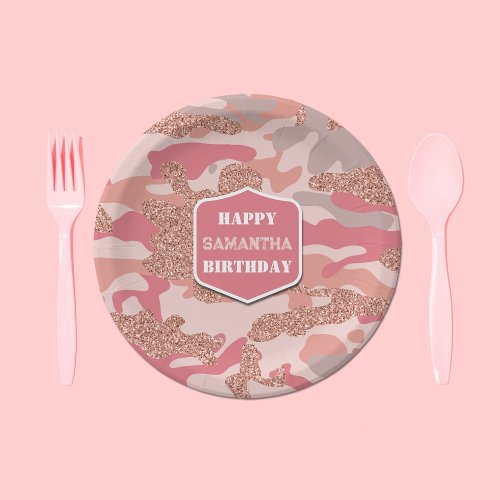 Camouflage Rose Gold Blush Pink Camo Army Birthday Paper Plates
