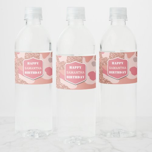 Camouflage Rose Gold Blush Pink Camo Army Birthday Water Bottle Label