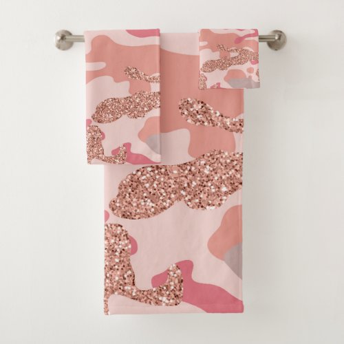 Camouflage Rose Gold Blush Pink Camo Army Pattern  Bath Towel Set