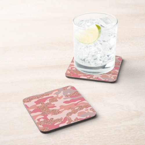 Camouflage Rose Gold Blush Pink Camo Army Pattern  Beverage Coaster