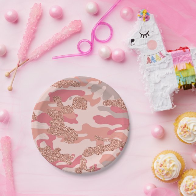 Camouflage Rose Gold Blush Pink Camo Army Pattern  Paper Plates (Party)