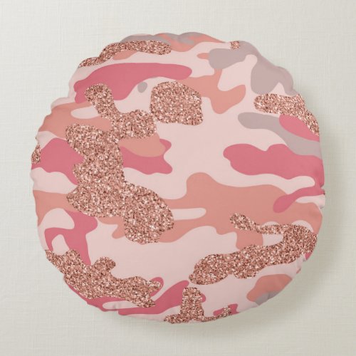 Camouflage Rose Gold Blush Pink Camo Army Pattern  Round Pillow