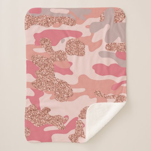 Camouflage Rose Gold Blush Pink Camo Army Pattern  Sherpa Blanket