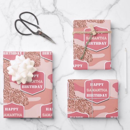 Camouflage Rose Gold Blush Pink Camo Birthday Name Wrapping Paper Sheets