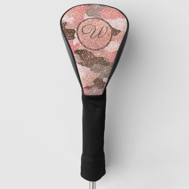 Camouflage Rose Gold Camo Glitter Glam Monogram Golf Head Cover (Front)