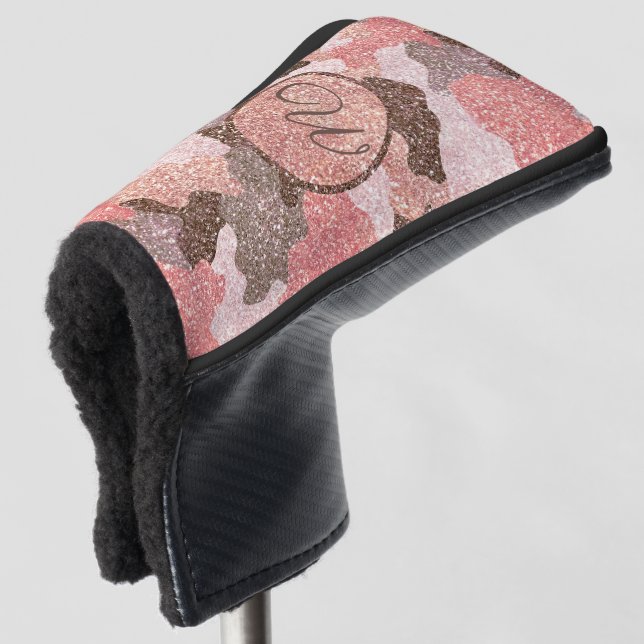 Camouflage Rose Gold Camo Glitter Glam Monogram Golf Head Cover (3/4 Front)