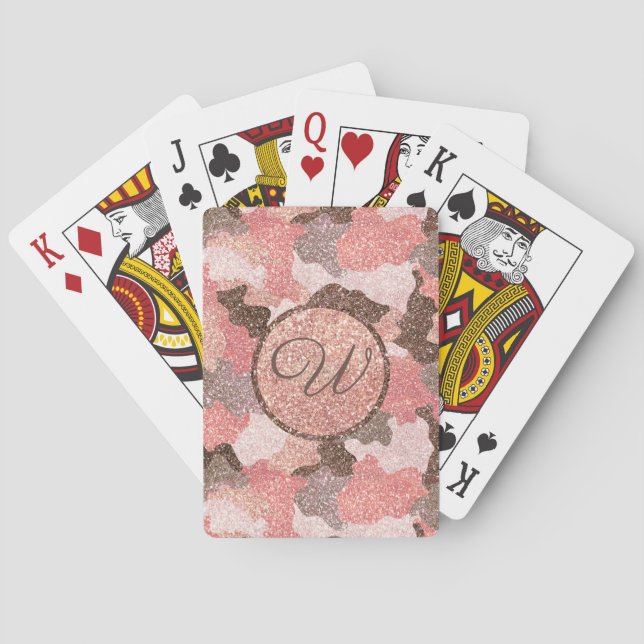 Camouflage Rose Gold Camo Glitter Glam Monogram Poker Cards (Back)