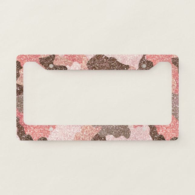 Camouflage Rose Gold Faux Glitter Camo Glam License Plate Frame (Front)