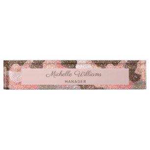 Camouflage Rose Gold Glitter Modern Script Desk Name Plate