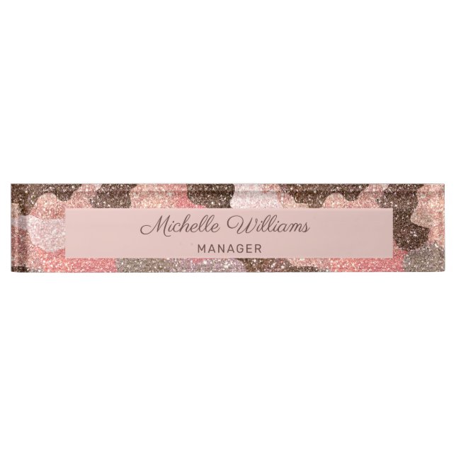 Camouflage Rose Gold Glitter Modern Script Desk Name Plate (Front)