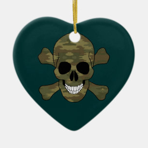 Camouflage Skull And Crossbones Heart Ornament