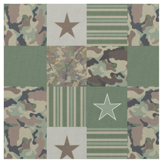 Camouflage Stars Stripes Khaki Patchwork Pattern Fabric (Close Up)