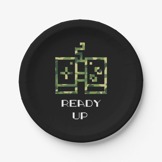Camouflage Video Game Controller Ready Up Gamer Paper Plates (Front)