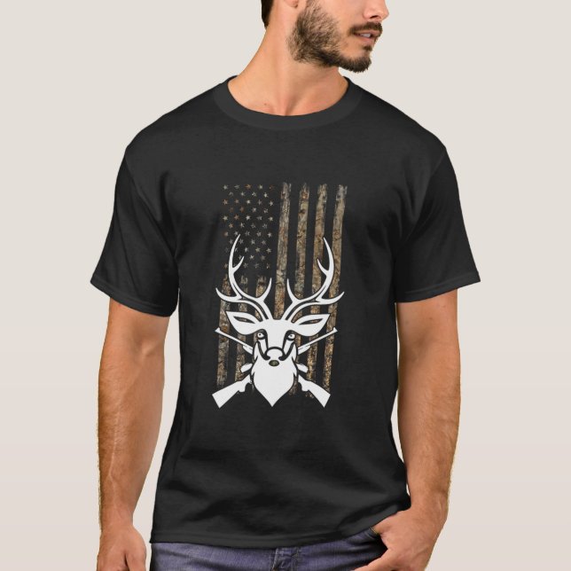 Camouflage Wildlife Hunting American Flag Deer Hun T-Shirt (Front)