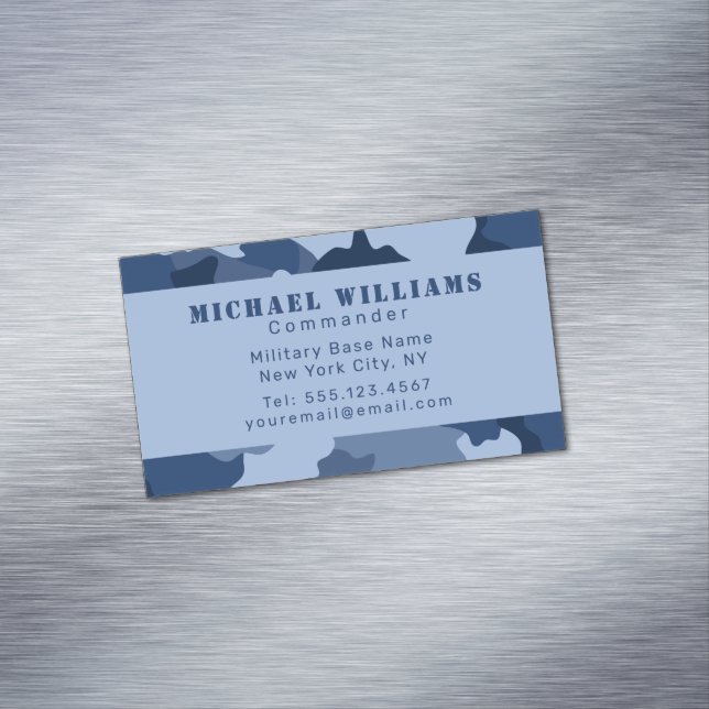 Camouflage Woodland Camo Blue Navy Monogram Business Card Magnet (In Situ)