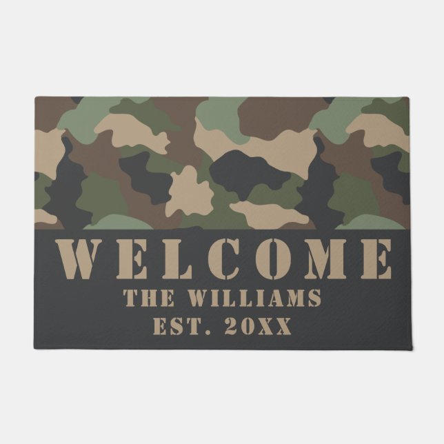 Camouflage Woodland Camo Khaki Black Name Welcome Doormat (Front)