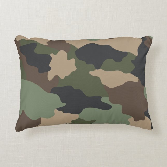 Camouflage Woodland Camo Khaki Green Tan Black Accent Pillow (Front)
