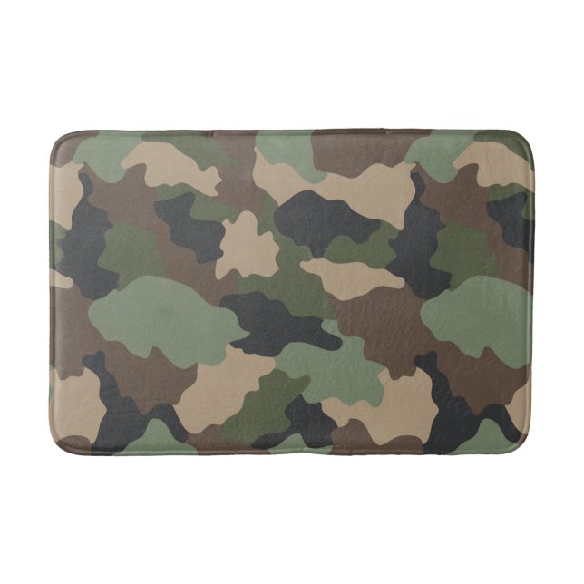 Camouflage Woodland Camo Khaki Tan Black Bath Mat (Front)