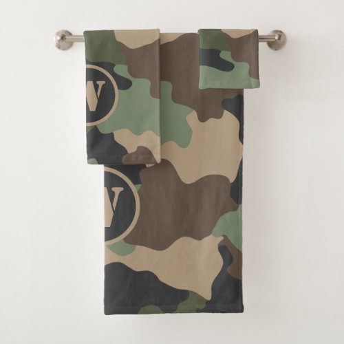Camouflage Woodland Camo Khaki Tan Black Monogram Bath Towel Set