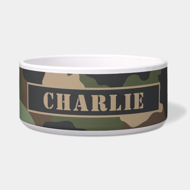 Camouflage Woodland Camo Khaki Tan Black Monogram Bowl (Front)