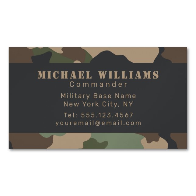 Camouflage Woodland Camo Khaki Tan Black Monogram Business Card Magnet (Front)