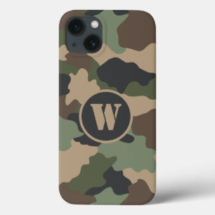 Camouflage Woodland Camo Khaki Tan Black Monogram iPhone 13 Case