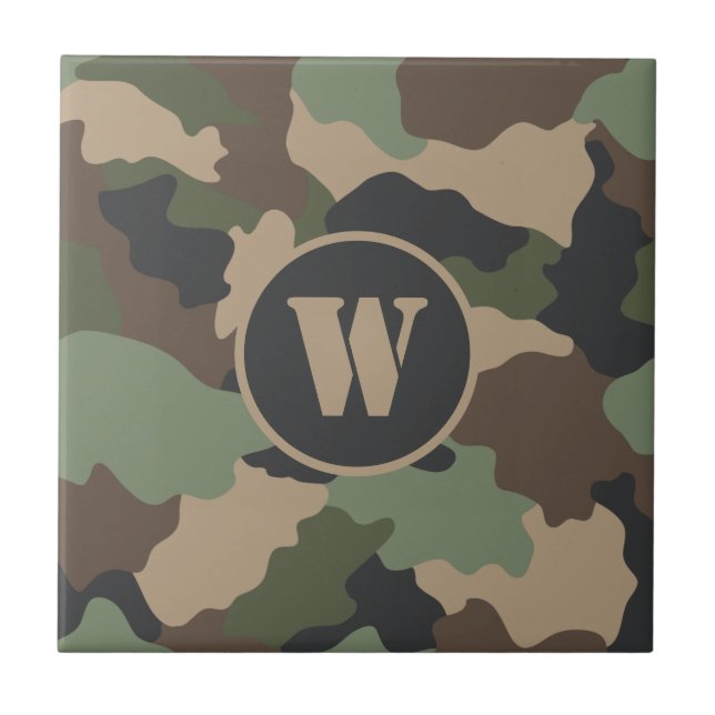 Camouflage Woodland Camo Khaki Tan Black Monogram Ceramic Tile (Front)