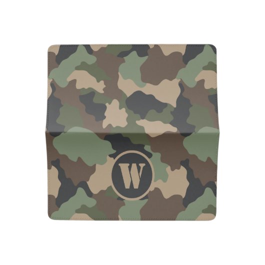 Camouflage Woodland Camo Khaki Tan Black Monogram Checkbook Cover (Open)