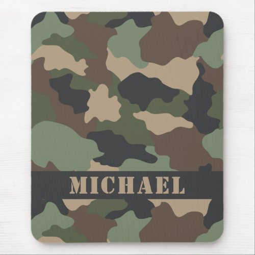 Camouflage Woodland Camo Khaki Tan Black Monogram Mouse Pad