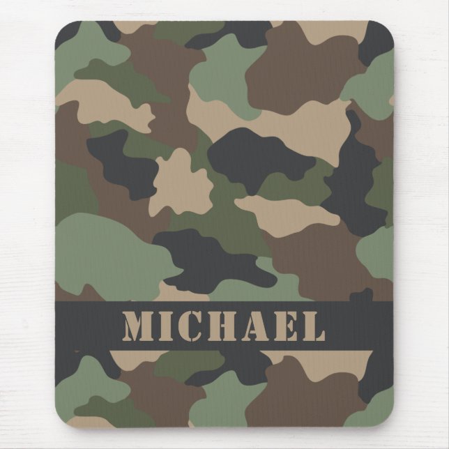 Camouflage Woodland Camo Khaki Tan Black Monogram Mouse Pad (Front)