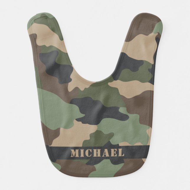 Camouflage Woodland Camo Military Khaki Tan Black Baby Bib (Front)