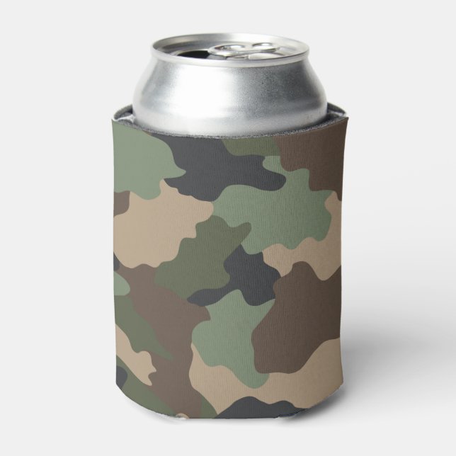 Camouflage Woodland Camo Military Khaki Tan Black Can Cooler (Can Front)
