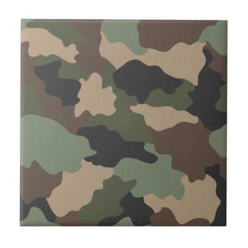 Camouflage Woodland Camo Military Khaki Tan Black Ceramic Tile