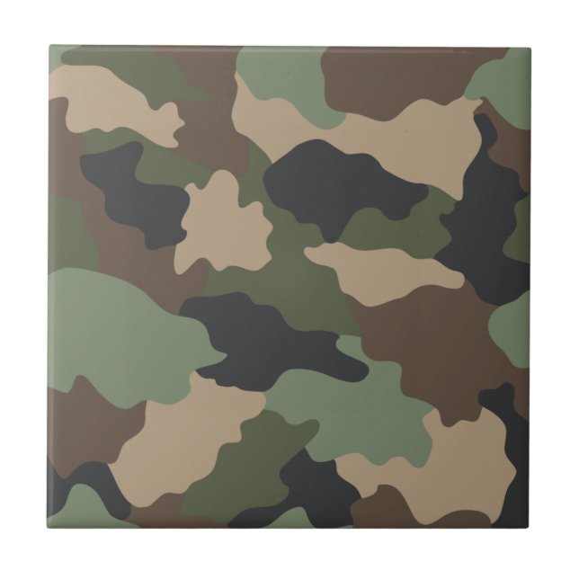 Camouflage Woodland Camo Military Khaki Tan Black Ceramic Tile (Front)