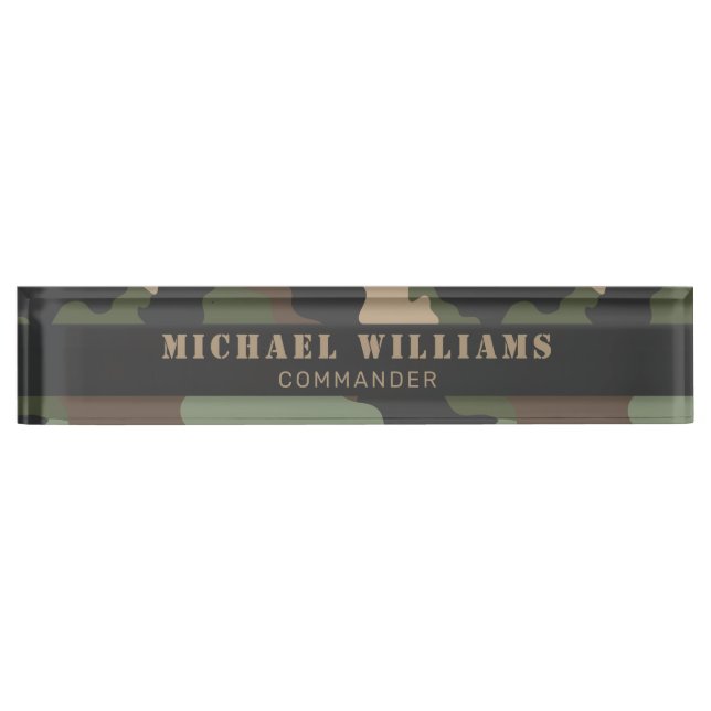 Camouflage Woodland Camo Military Khaki Tan Black Desk Name Plate (Front)