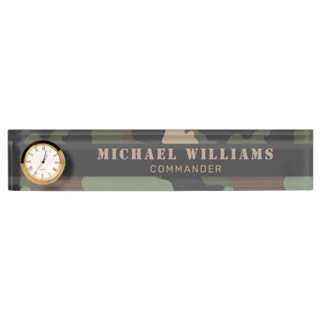 Camouflage Woodland Camo Military Khaki Tan Black Desk Name Plate (Front)