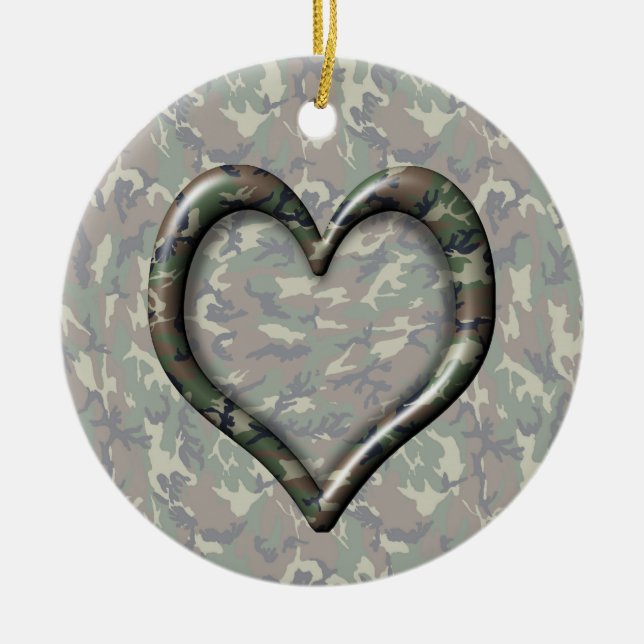Camouflage Woodland Forest Heart on Camo Ceramic Ornament (Front)