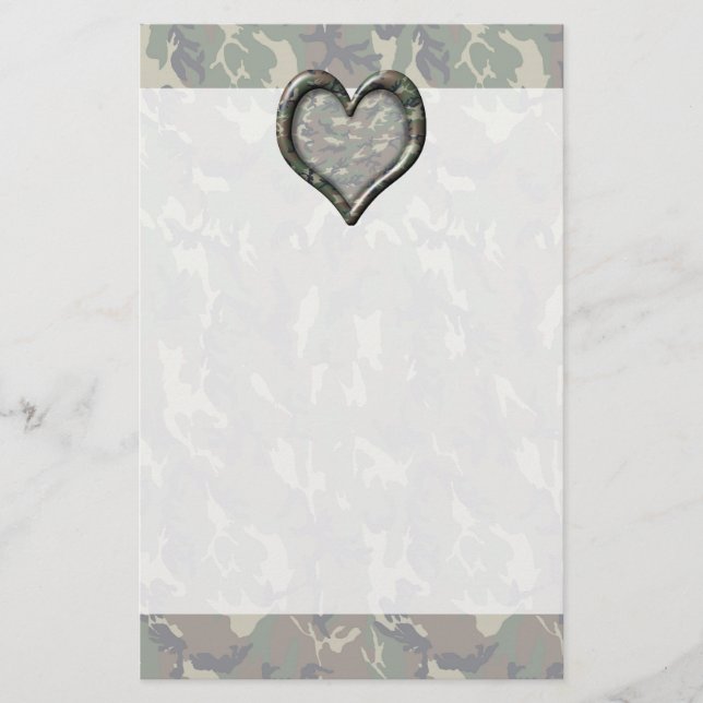 Camouflage Woodland Forest Heart on Camo Stationery (Front)
