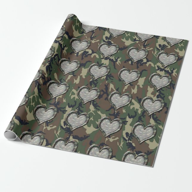 Camouflage Woodland Forest Heart Wrapping Paper (Unrolled)