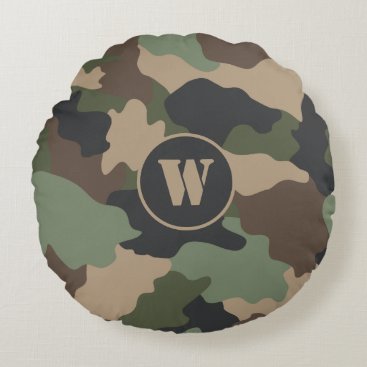 Camouflage Wooiland Camo Khaki Tan Monogram Round Pillow Camouflage Wooiland Camo Khaki Tan Monogram Round Pillow