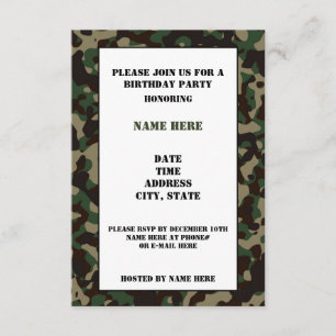 Camouflaged Birthday Party Invitation Card