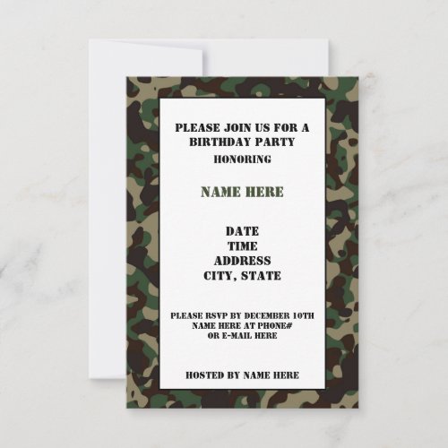 Camouflaged Birthday Party Invitation Card