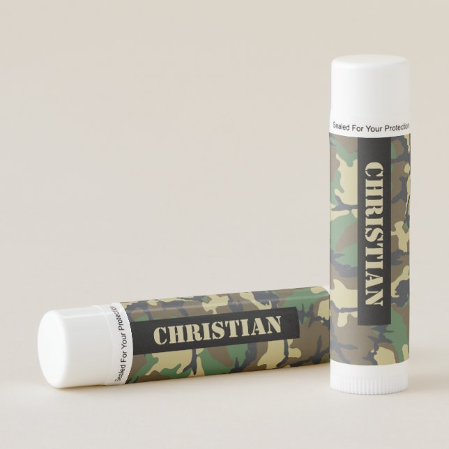 Camouflaged Military Green Themed Personalized Lip Balm (Front)