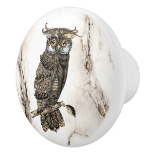 Camouflaged Owl on Brown Marble Ceramic Knob