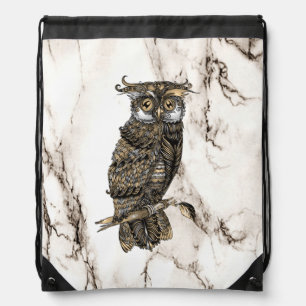 Camouflaged Owl on Brown Marble Drawstring Bag