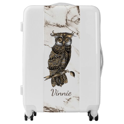 Camouflaged Owl on Brown Marble Luggage