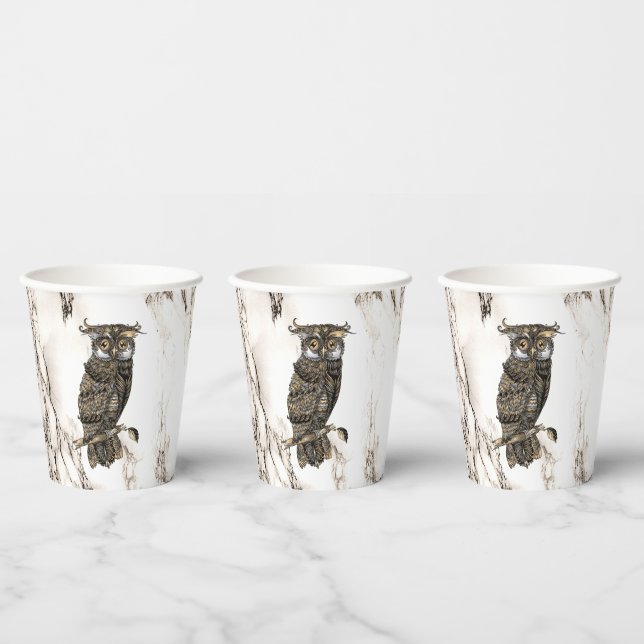 Camouflaged Owl on Brown Marble Paper Cups (Multi)