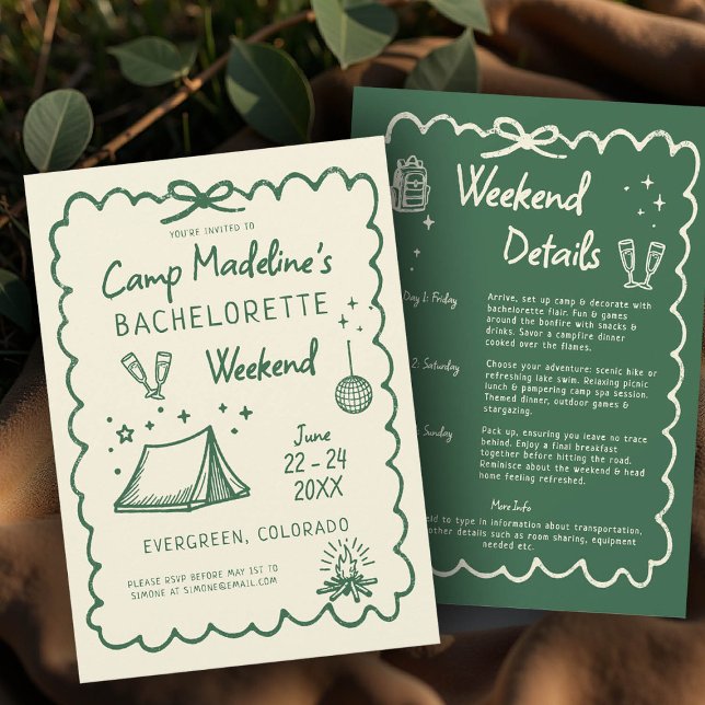 Camp Bachelorette Bow Hand Drawn Camping Itinerary Invitation (camp bachelorette invitation itinerary camping hiking mountains nature glamping green hand drawn)