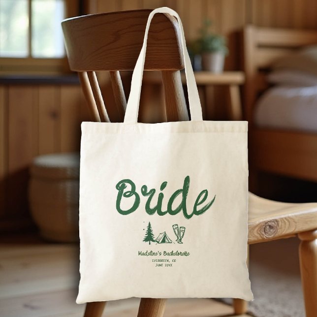 Camp Bachelorette Bride Hand Drawn Writing Green Tote Bag (camp bachelorette bride tote bag handwriting hand written camping glamping hiking bach)