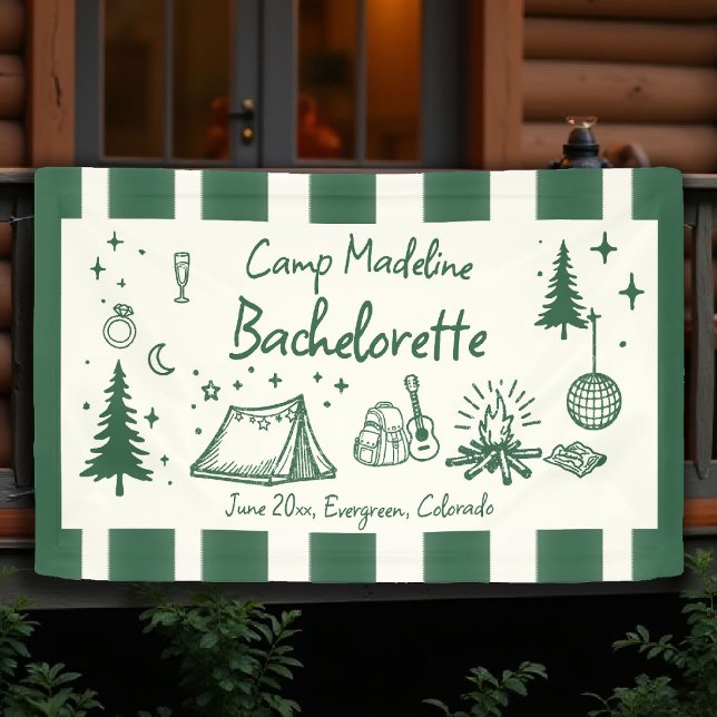 Camp Bachelorette Camping Hand Drawn Green Stripes Banner (camp bachelorette banner camping hand drawn written green stripes girls trip bach)